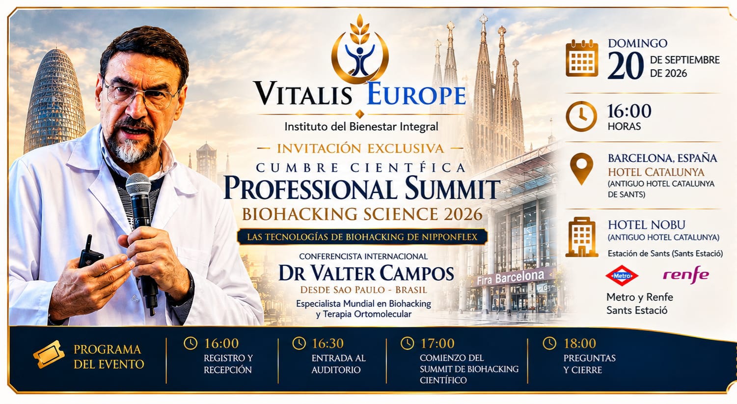 Invitación oficial Cumbre Científica Professional Summit Biohacking Science 2026 en Barcelona — Hotel Nobu, domingo 20 de septiembre de 2026