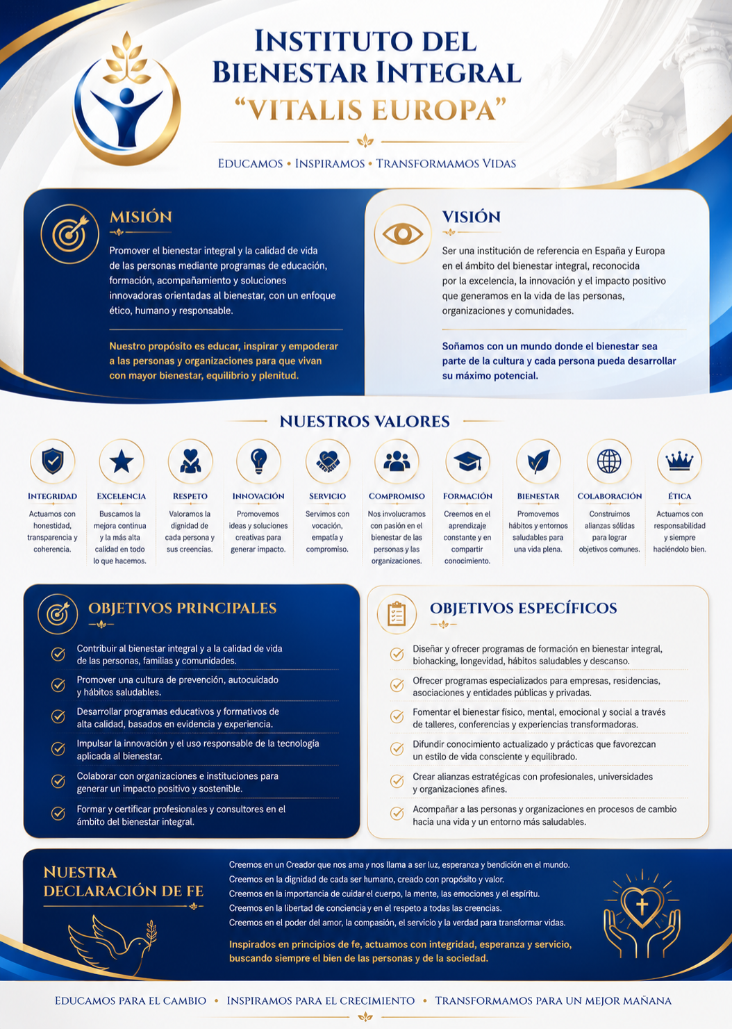 Instituto del Bienestar Integral VITALIS EUROPE: misión, visión, nuestros valores, objetivos principales y específicos y declaración de fe.